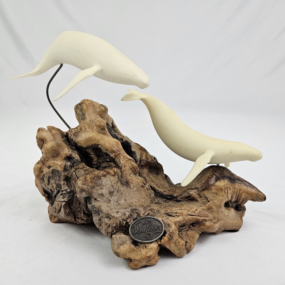 John Perry Humpback Whale And Calf Sculpture on Burled Wood Vintage Nautical